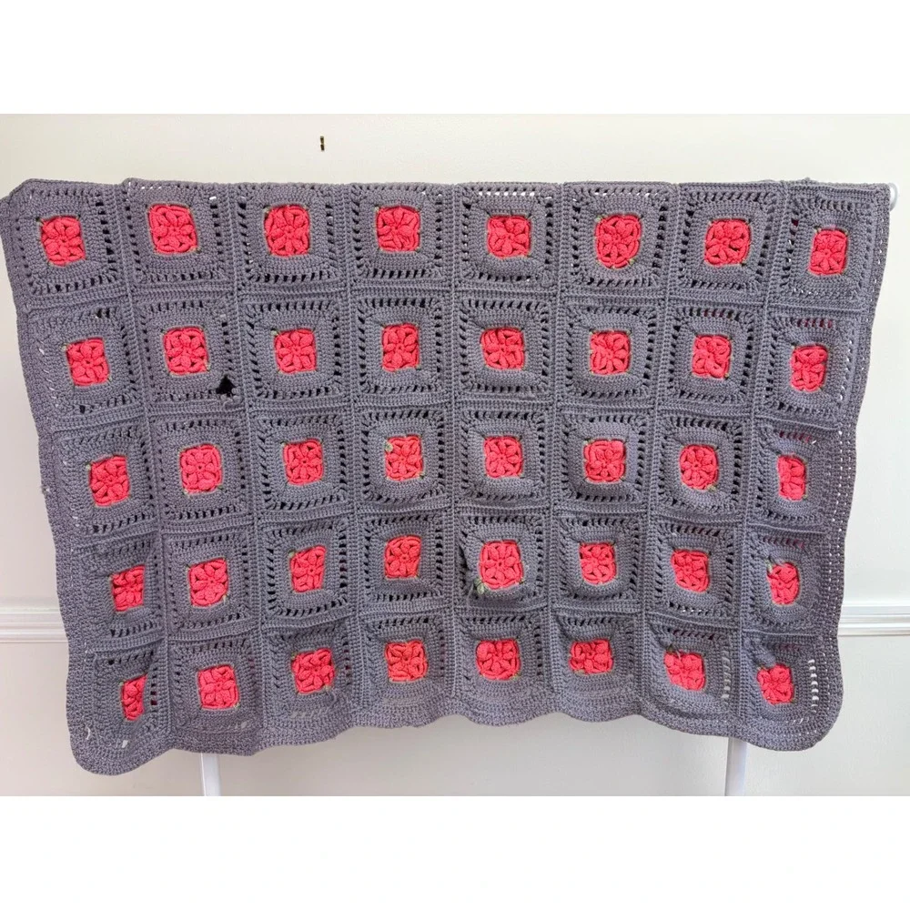 FLAWED Crochet Granny Square Blanket Purple 3D Pink Roses Handmade Cottagecore